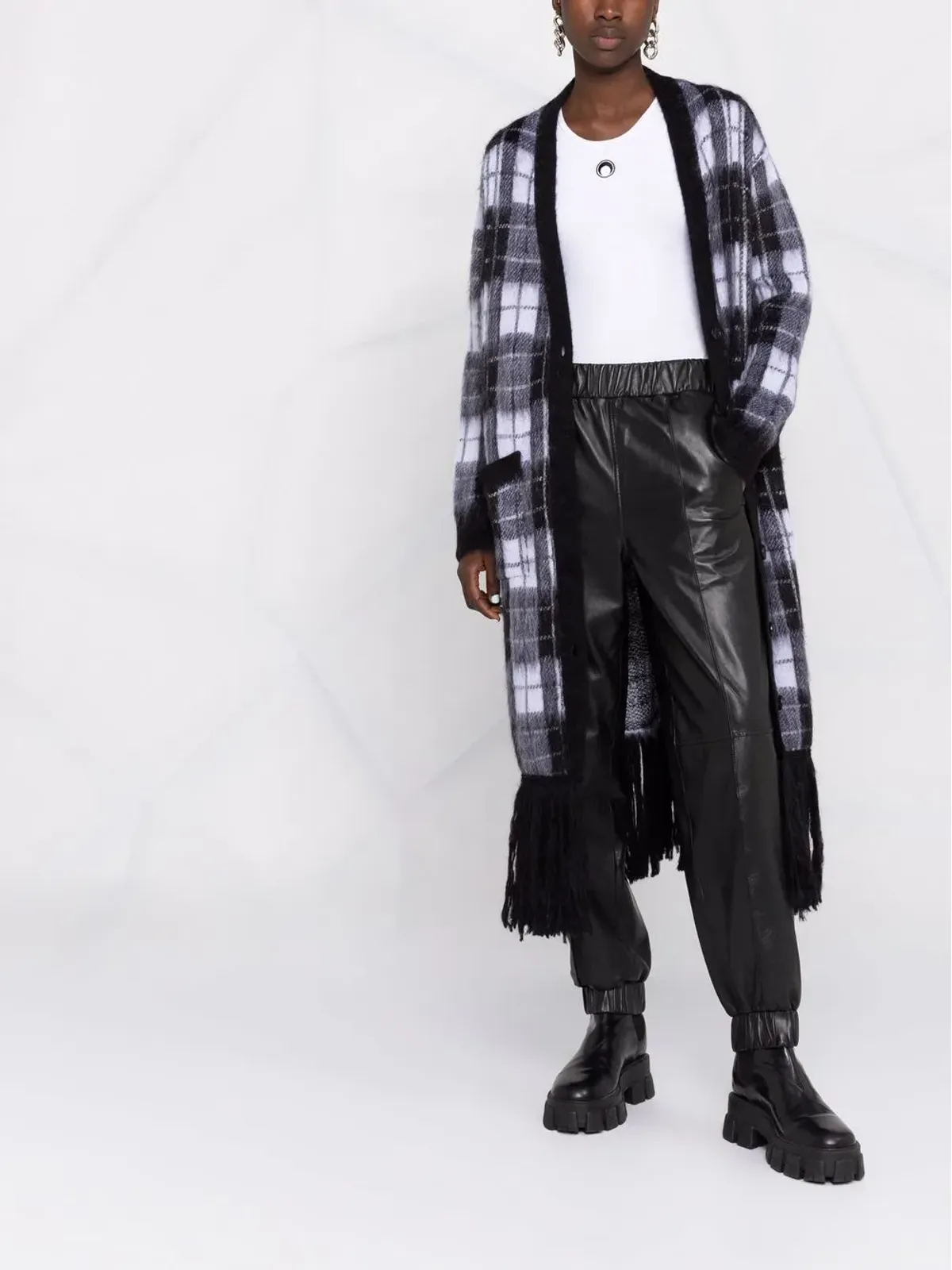 RED Valentino フリンジ付きチェック柄カーディガン - 画像2