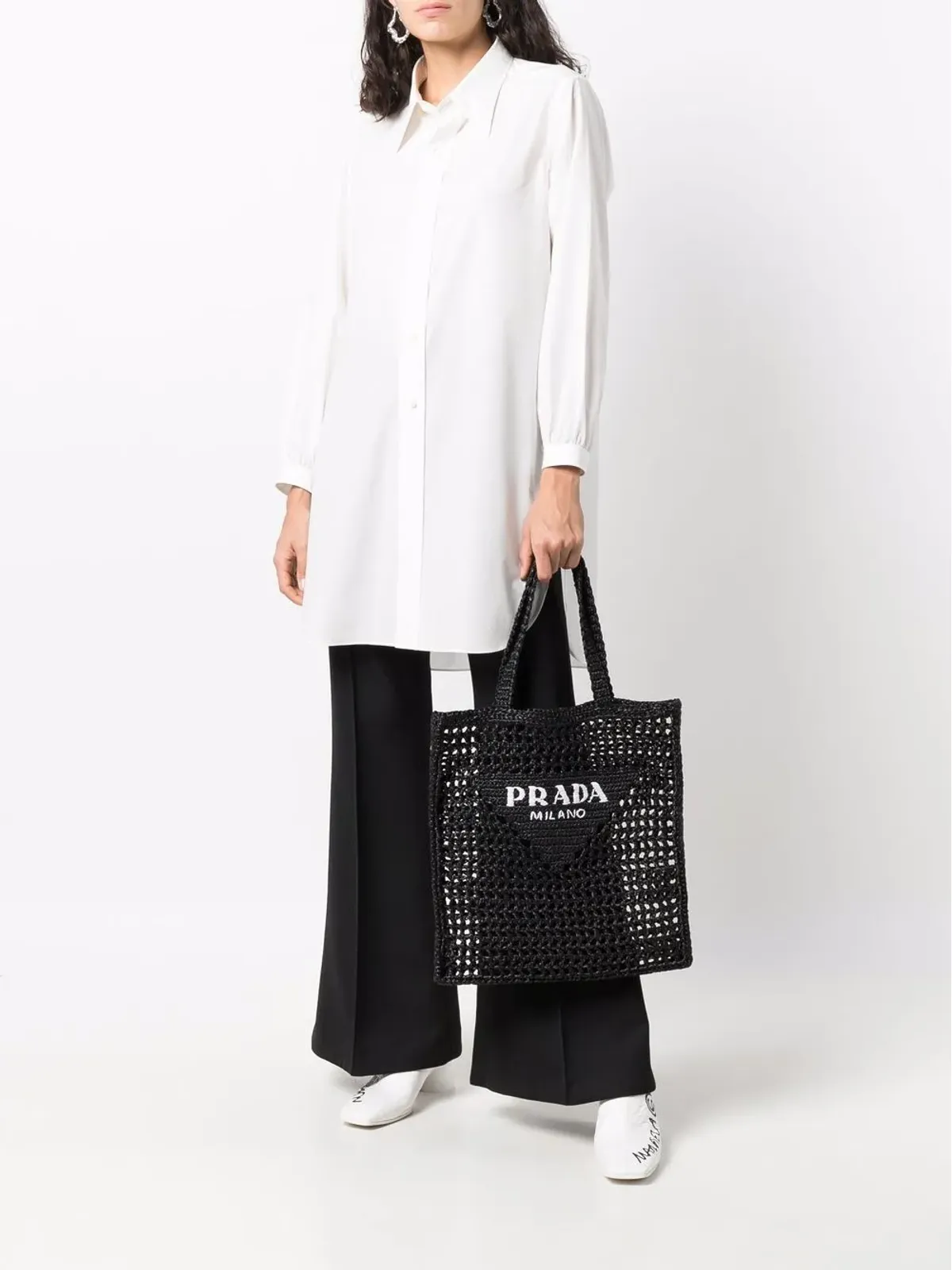 Prada 編み込みデザイン ロゴプリント ショルダーバッグ - Black - 画像2