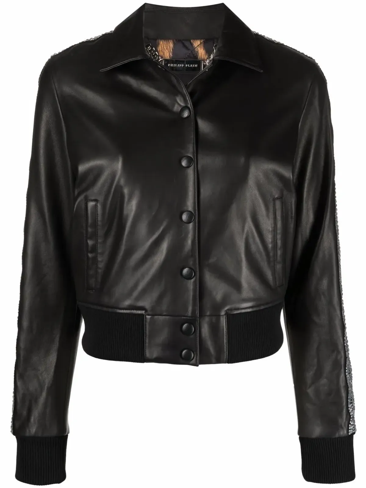 Philipp Plein クリスタル装飾レザージャケット - 画像1