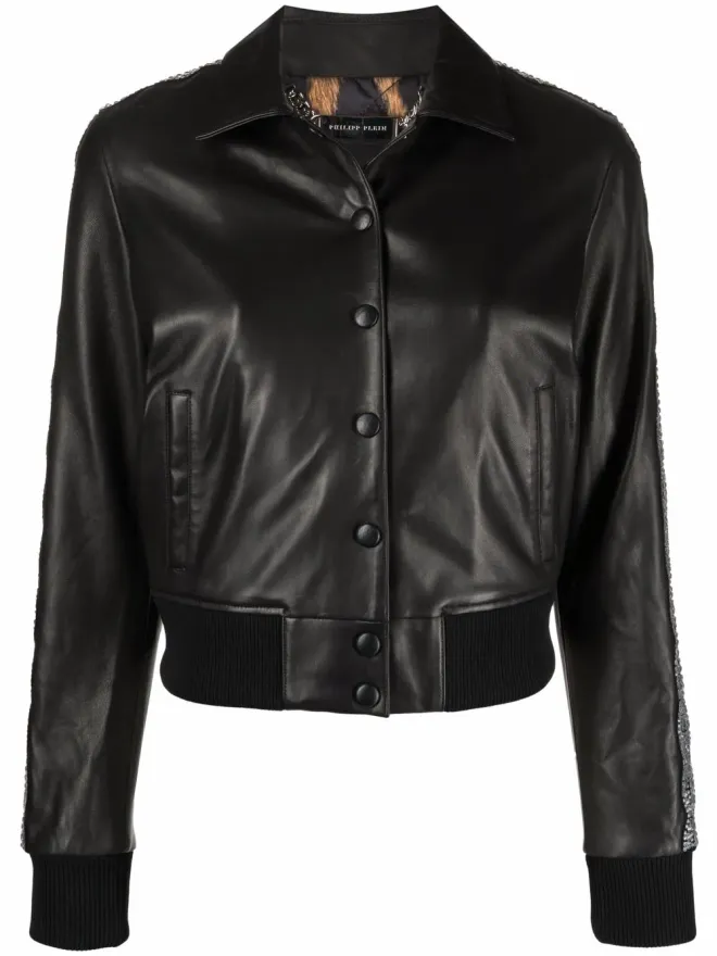 Philipp Plein Philipp Plein クリスタル装飾レザージャケットの商品画像