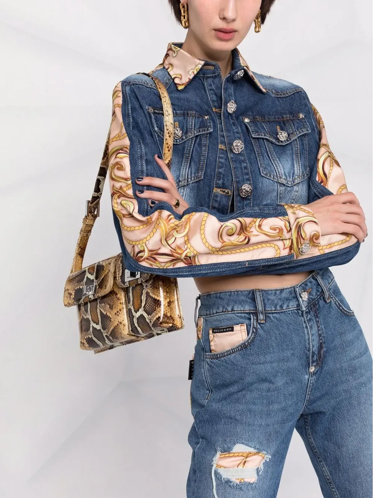 Philipp Plein バロックプリント クロップド デニムジャケット - 画像5