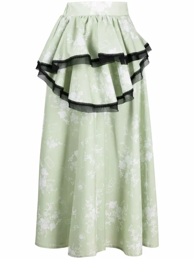 Ulyana Sergeenko Ulyana Sergeenko グリーンの非対称フローラルプリントスカートの商品画像