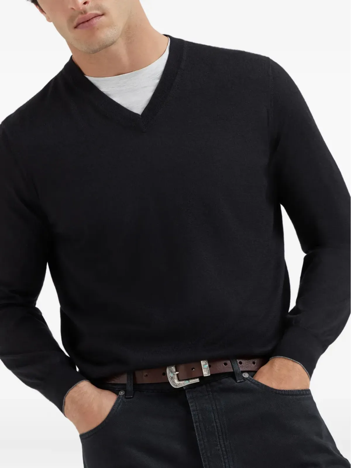 Brunello Cucinelli Vネック ニットセーター（ブラック） - 画像3