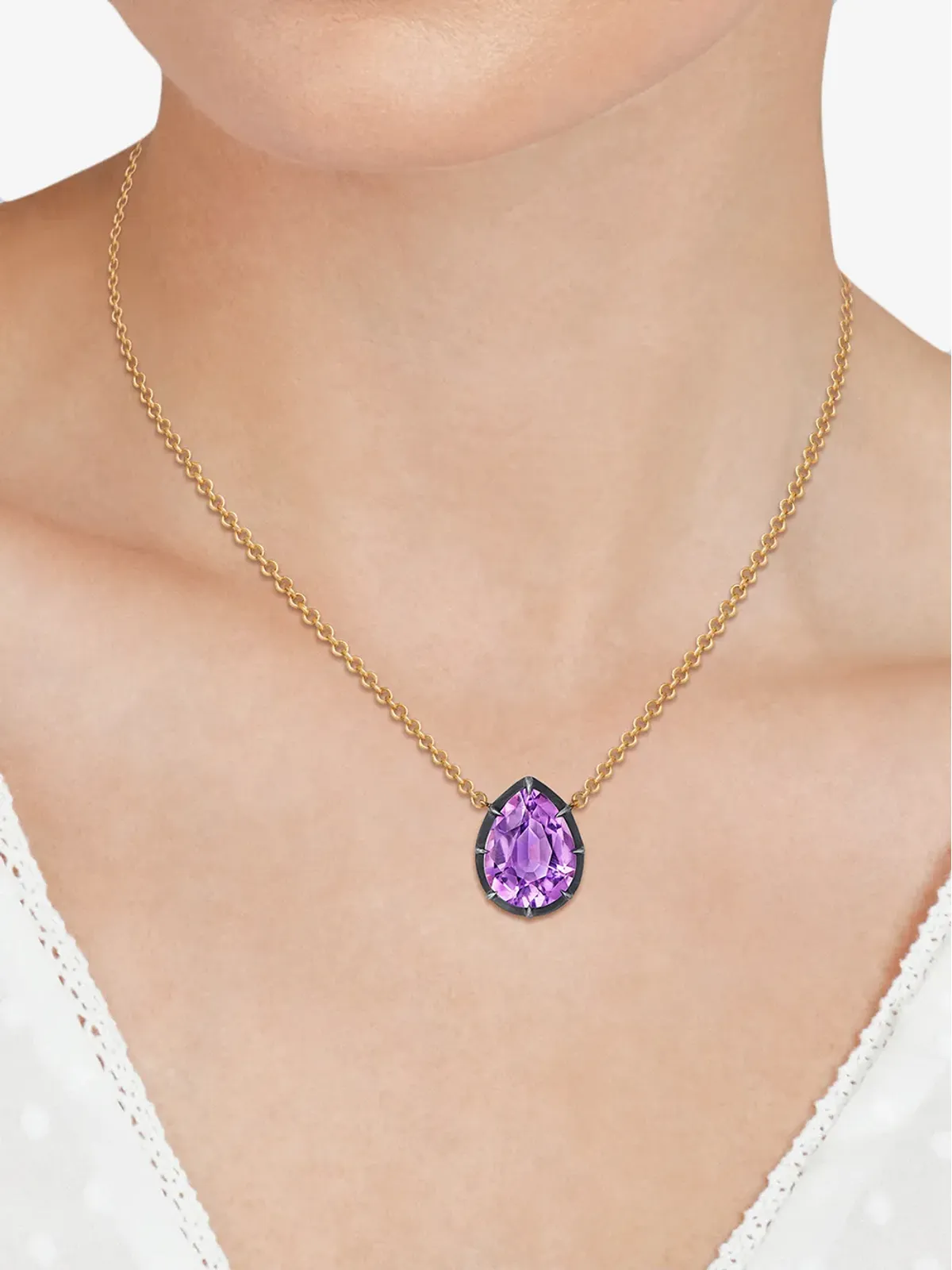 FRED LEIGHTON 18kt イエローゴールド ペアシェイプ アメジスト コレット ソリテア ペンダントネックレス - 画像2