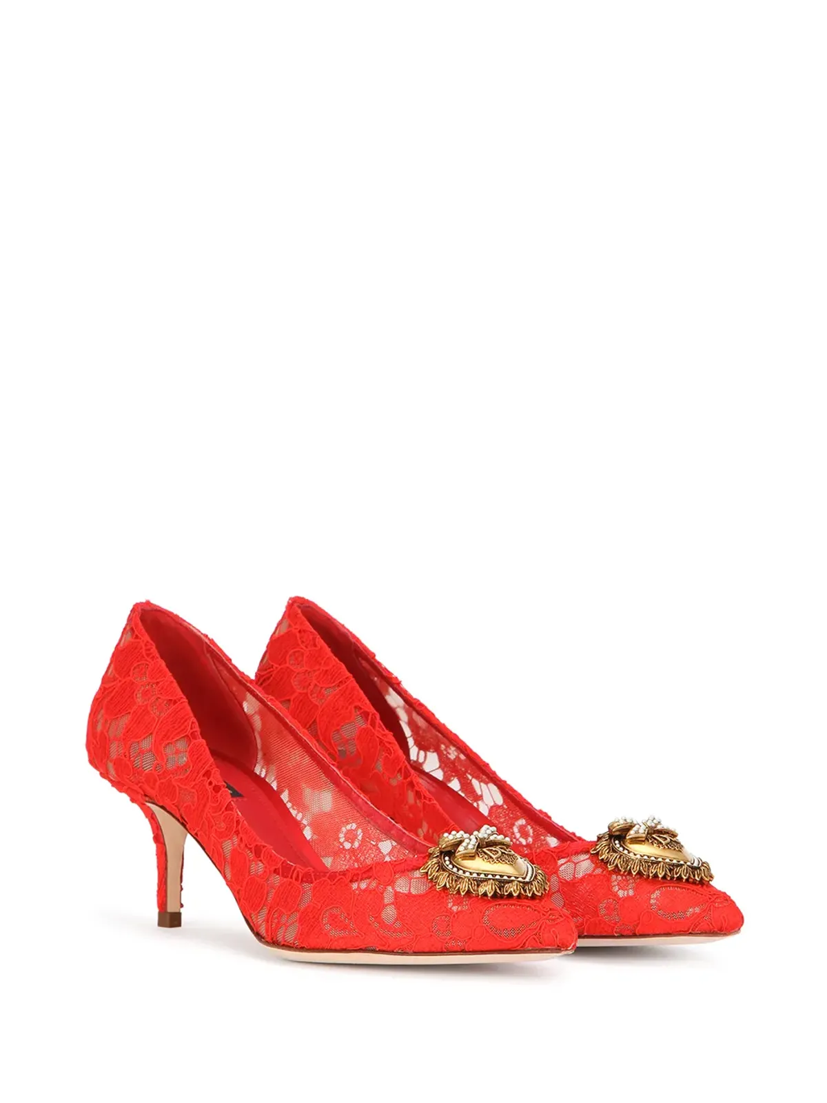Dolce & Gabbana ハート型プレート付きレースパンプス（レッド） - 画像2