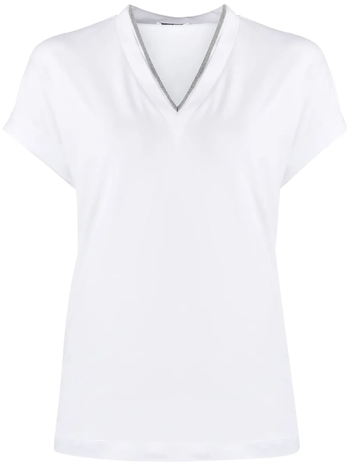 Brunello Cucinelli シルバートリム Vネック Tシャツ - 画像1