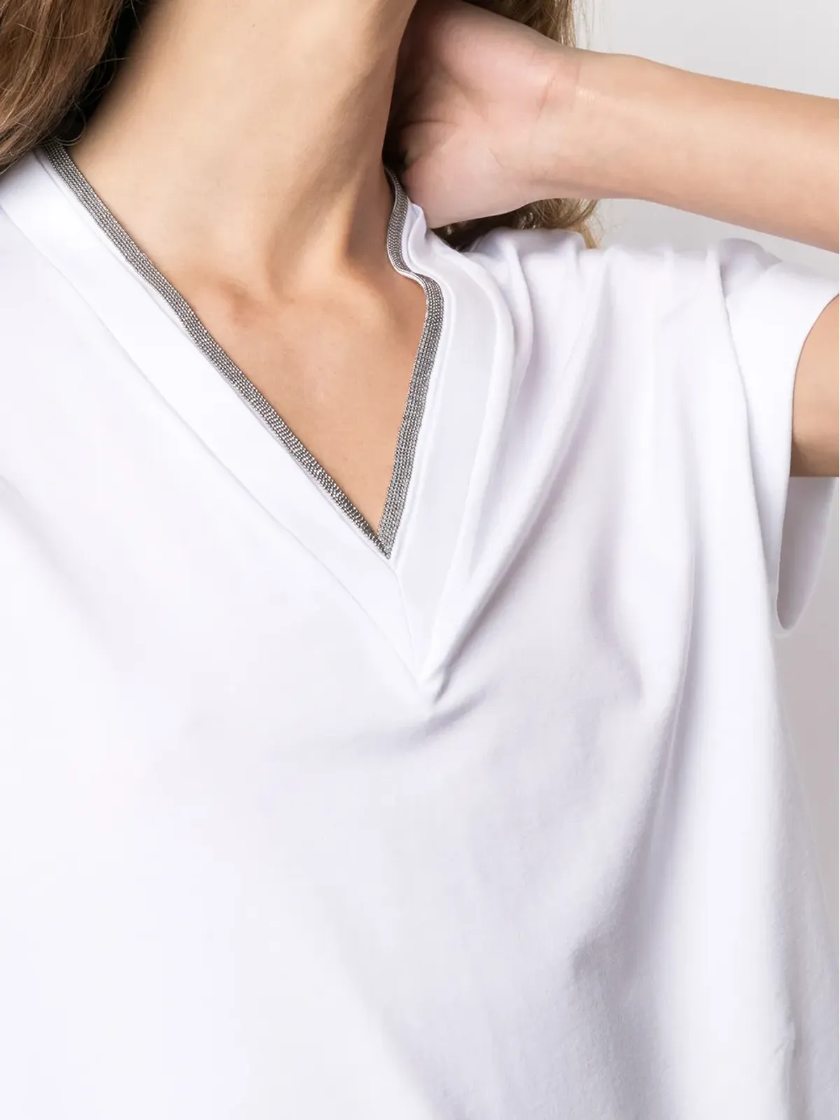 Brunello Cucinelli シルバートリム Vネック Tシャツ - 画像5