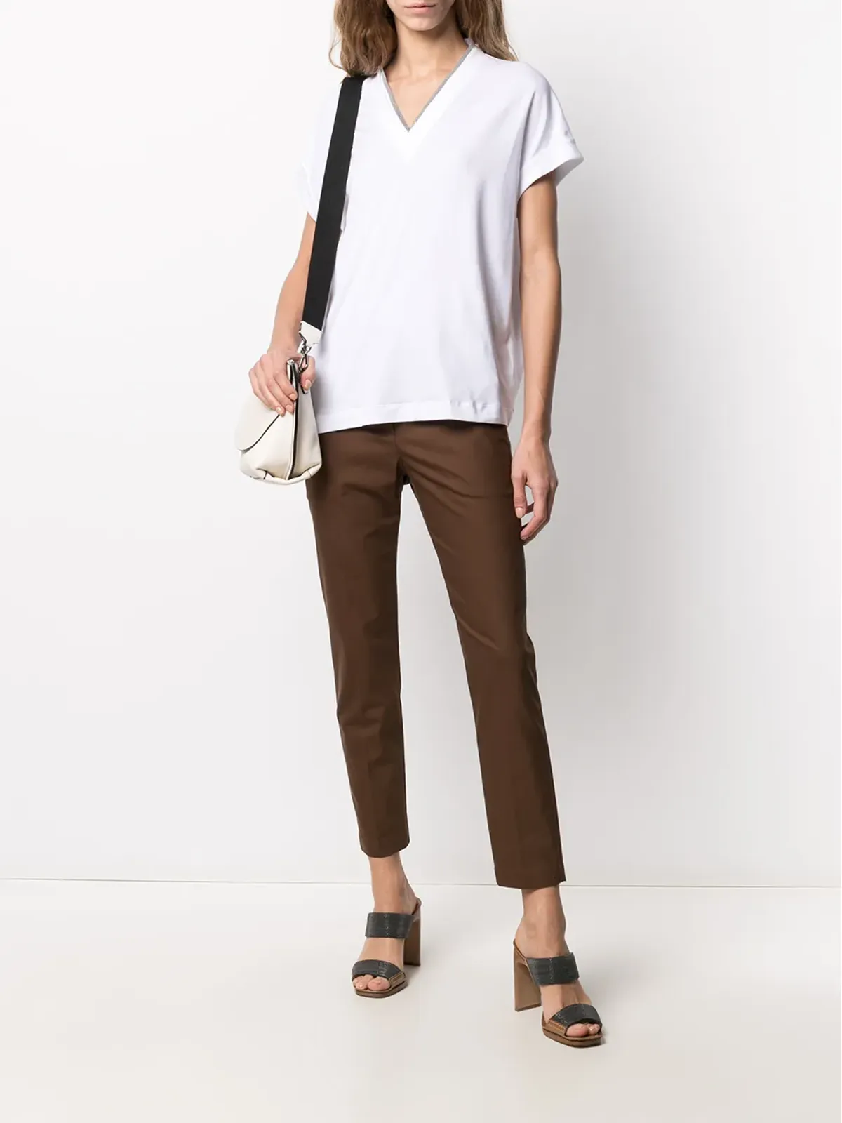 Brunello Cucinelli シルバートリム Vネック Tシャツ - 画像2