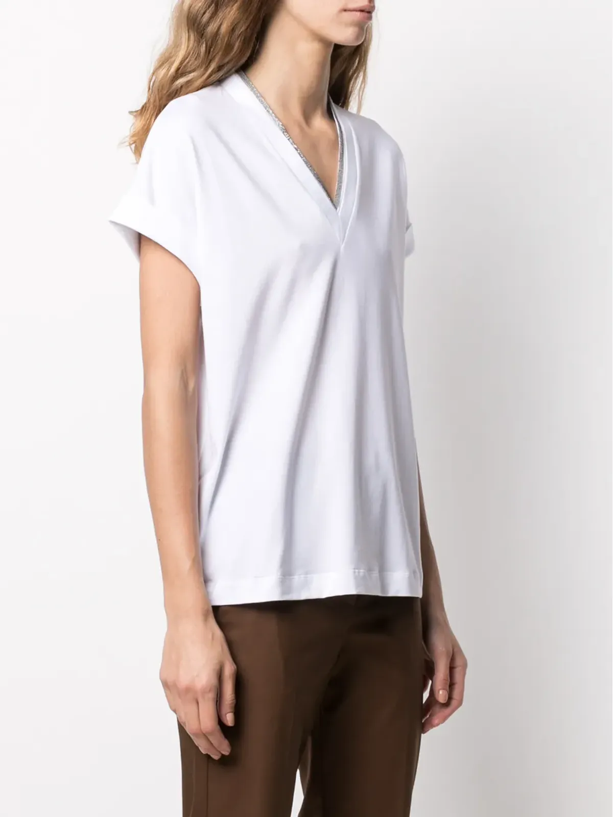 Brunello Cucinelli シルバートリム Vネック Tシャツ - 画像3