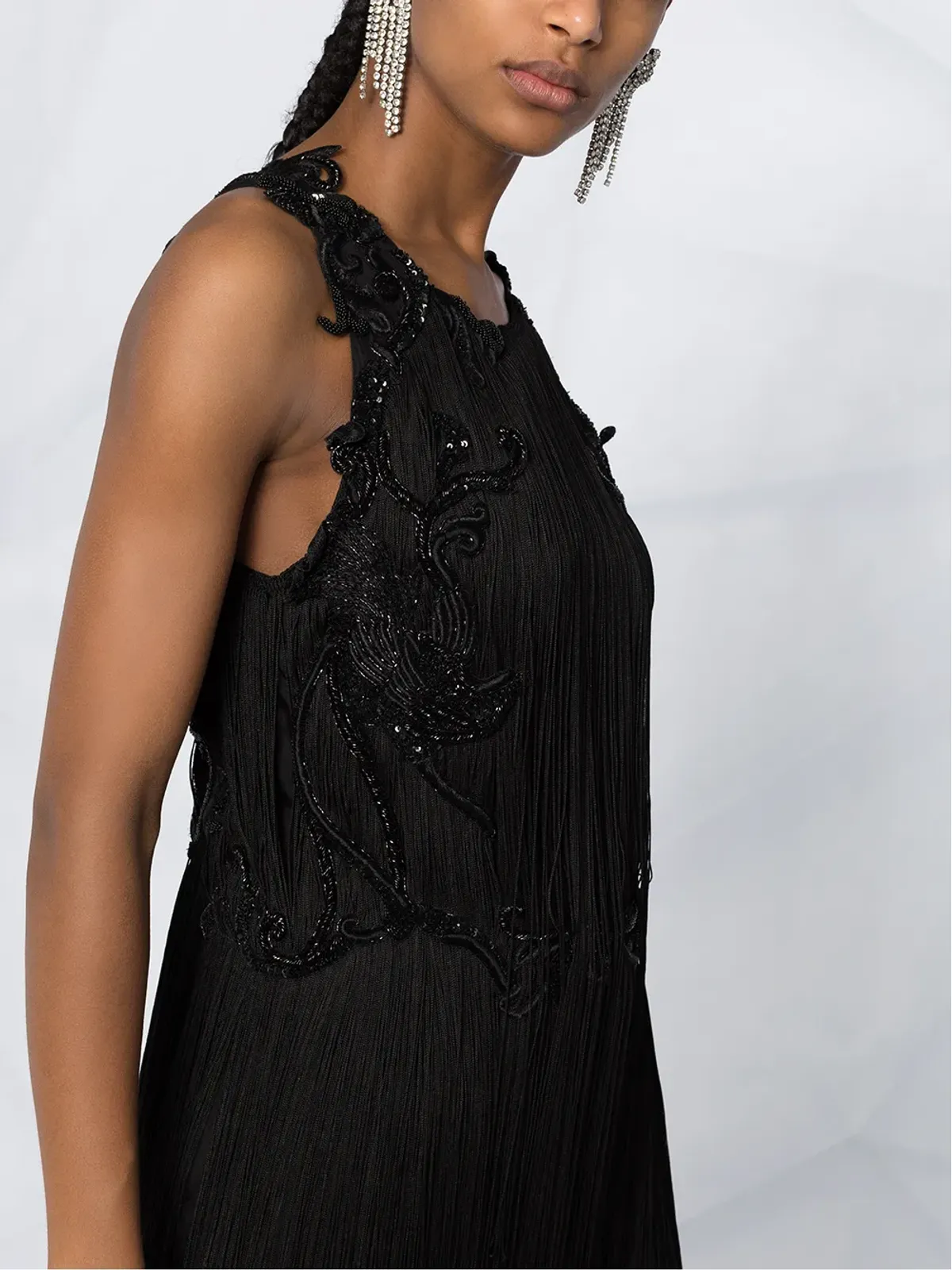 Alberta Ferretti ミディ丈ビーズ装飾タッセルドレス ブラック - 画像5