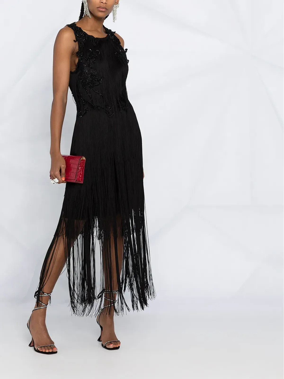 Alberta Ferretti ミディ丈ビーズ装飾タッセルドレス ブラック - 画像2