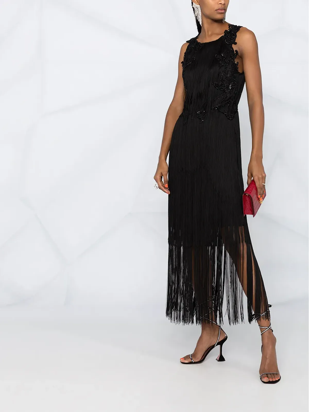 Alberta Ferretti ミディ丈ビーズ装飾タッセルドレス ブラック - 画像4