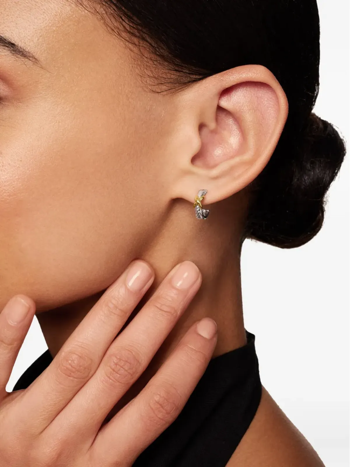 David Yurman 18金イエローゴールドとスターリングシルバーのペティットXフープピアス - 画像3