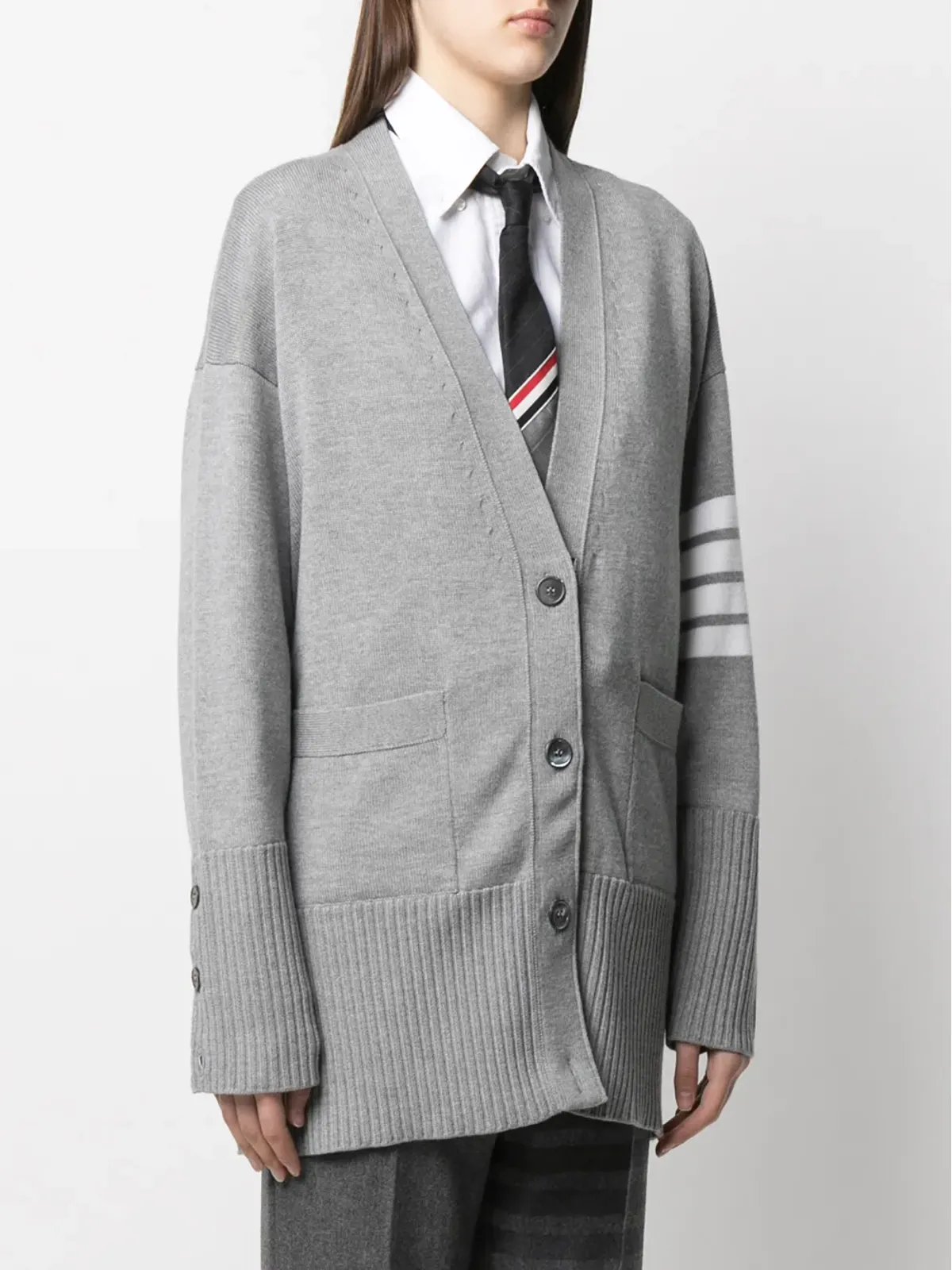 Thom Browne グレーのオーバーサイズ4バー・ストライプ カーディガン - 画像3