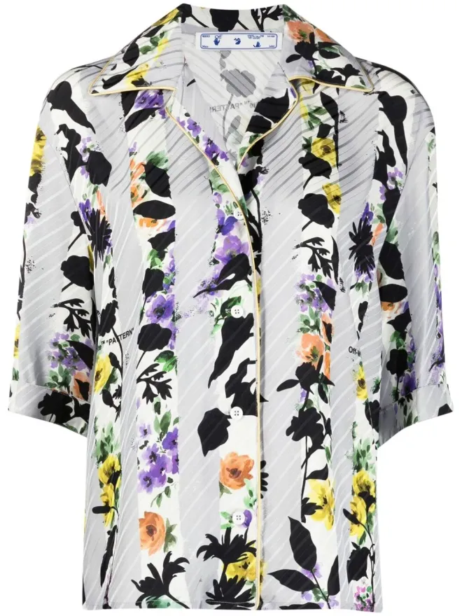OFF-WHITE Off-White ストライプ花柄ボウリングシャツ - グレーの商品画像