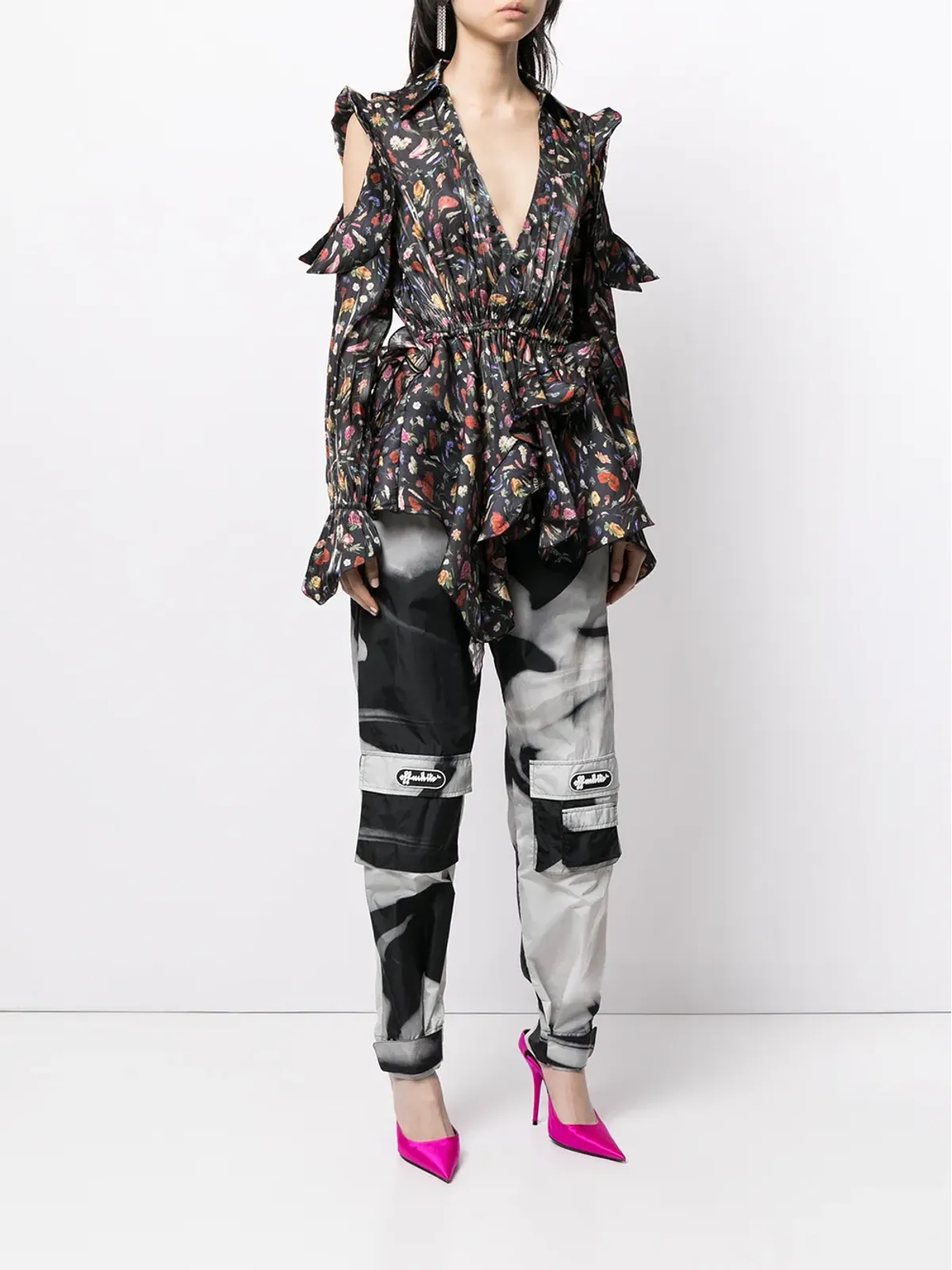 Off-White 花柄プリントのフリルブラウス - 画像3