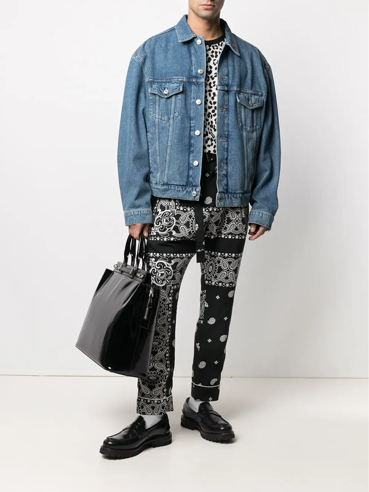sacai ペイズリープリント ベルト付きパンツ - ブラック - 画像2