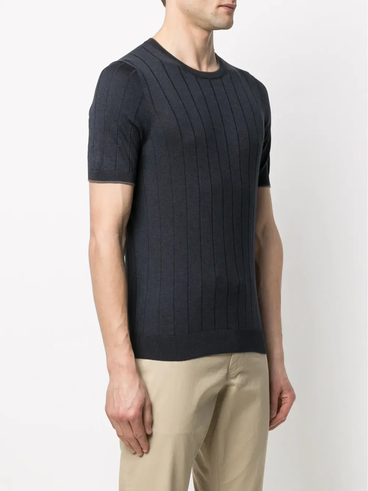 D4.0 ストライプ柄リブ付きシルクTシャツ ブルー - 画像3