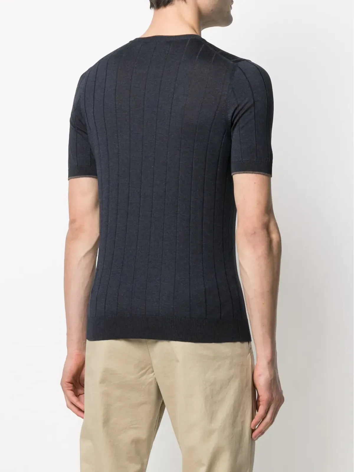D4.0 ストライプ柄リブ付きシルクTシャツ ブルー - 画像4