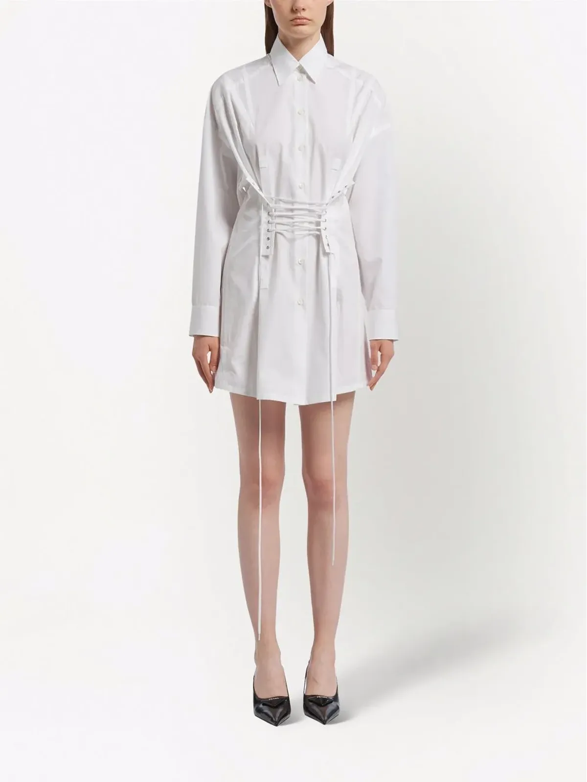 Prada レースアップシャツドレス - White - 画像2