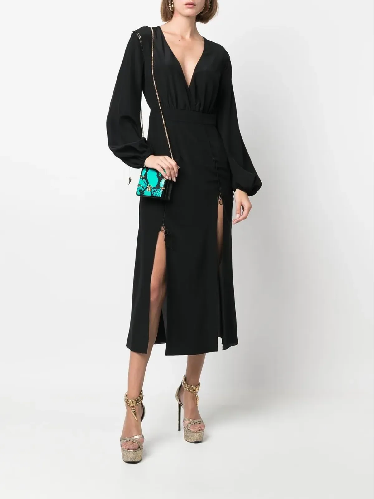 Roberto Cavalli 前スリット入りシルクミディドレス ブラック - 画像2