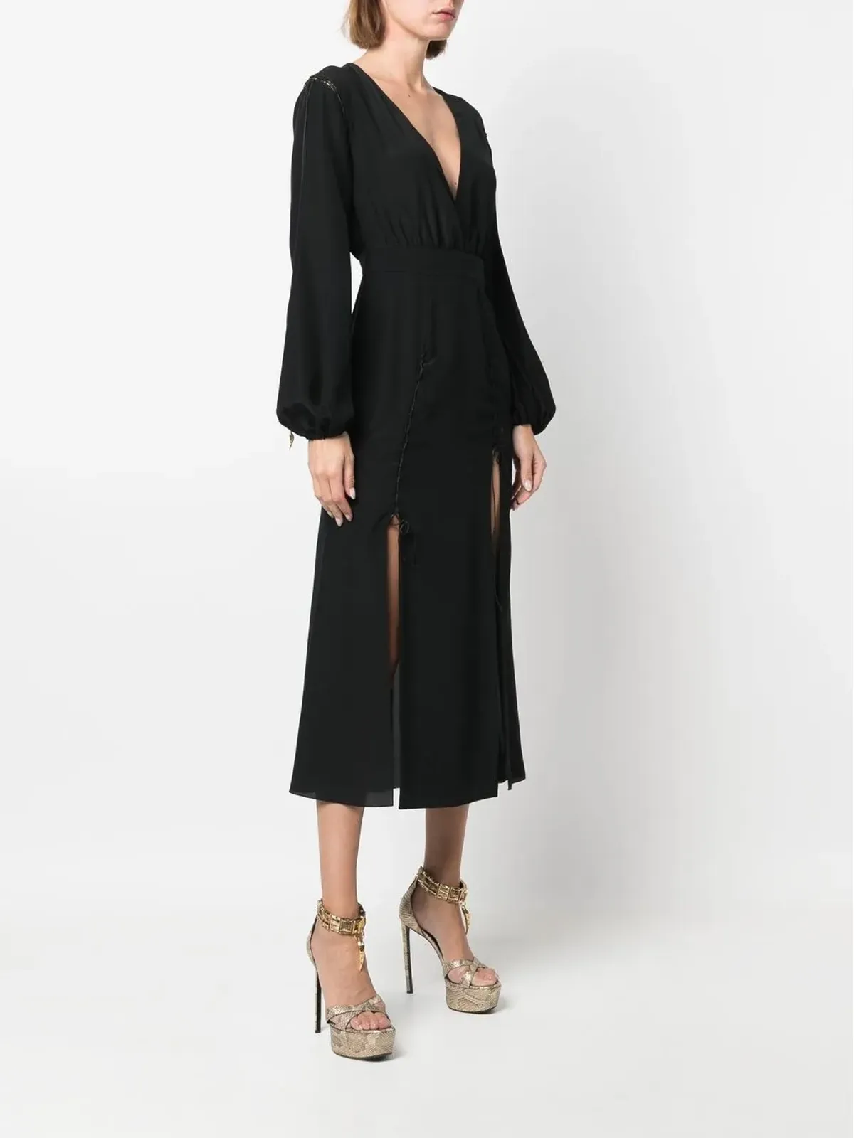 Roberto Cavalli 前スリット入りシルクミディドレス ブラック - 画像3