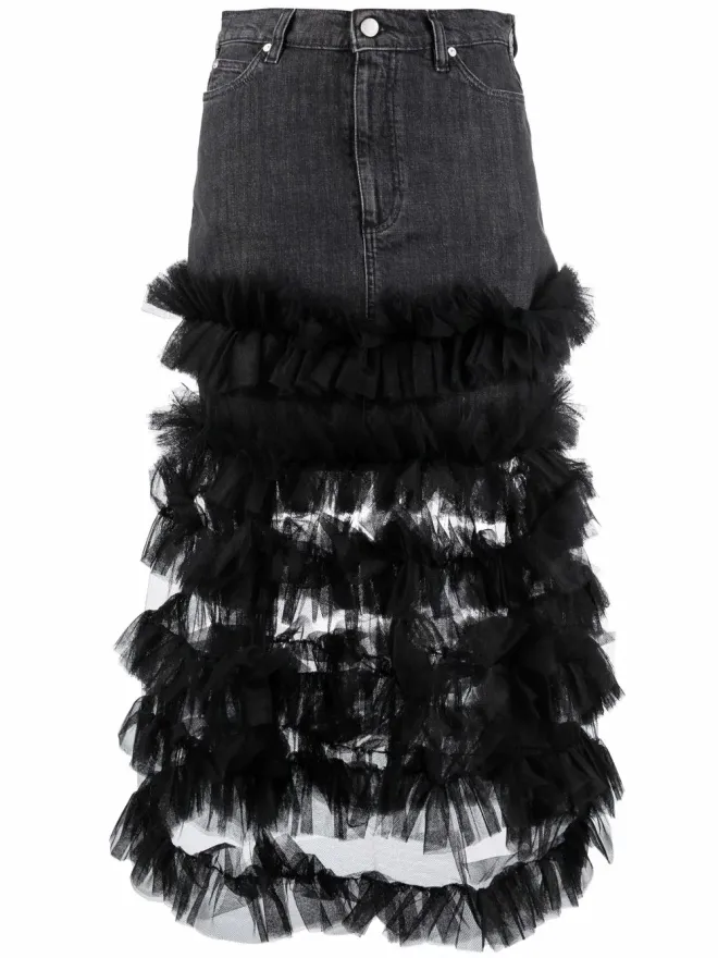RED Valentino RED Valentino ruffle tulle-trim denim A-line skirt - Blackの商品画像