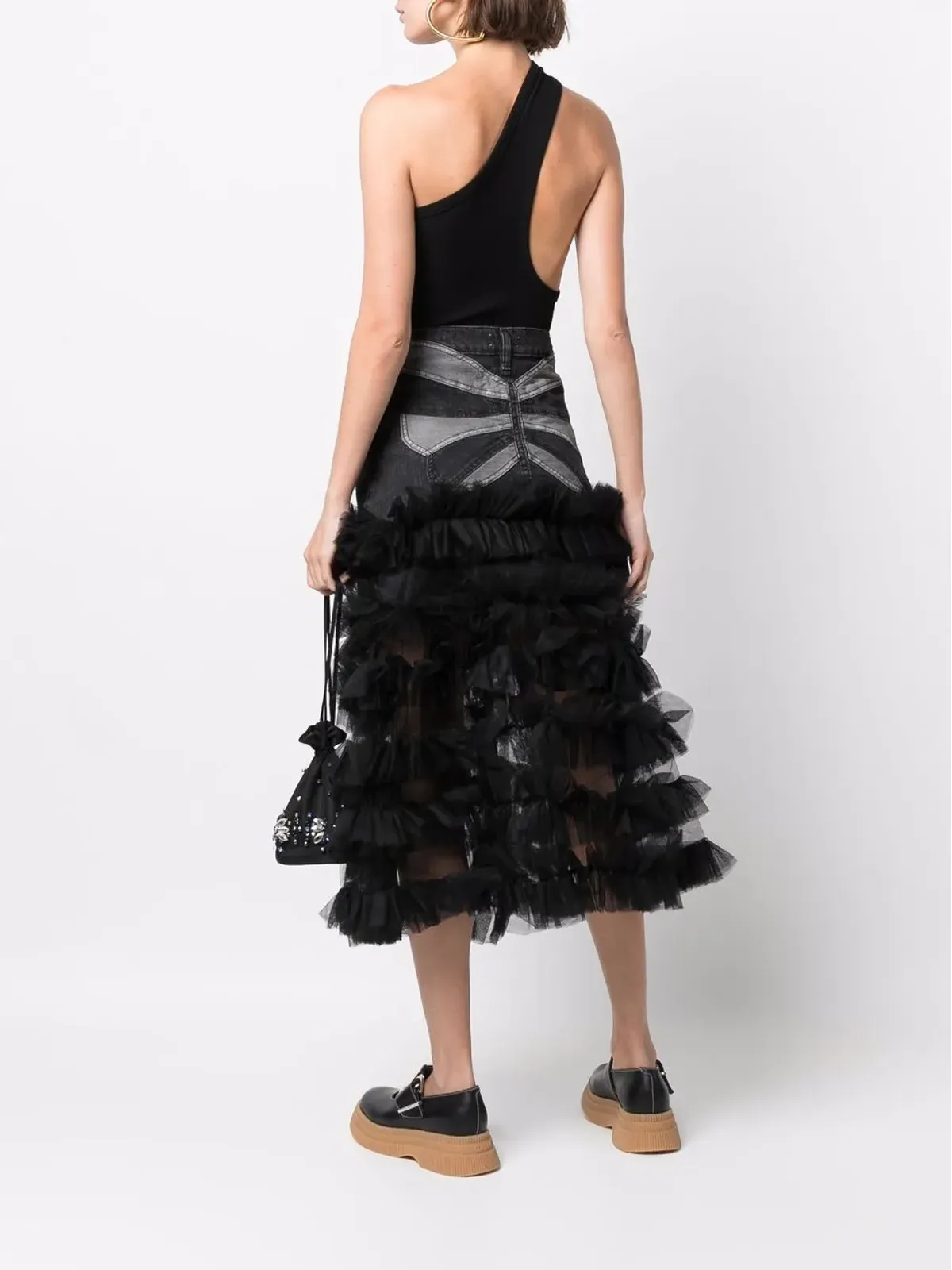 RED Valentino ruffle tulle-trim denim A-line skirt - Black - 画像2