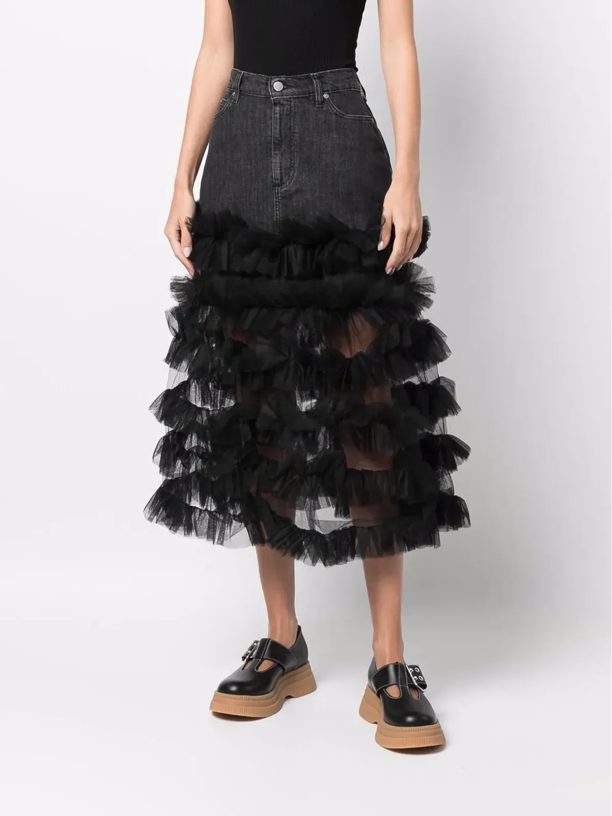 RED Valentino ruffle tulle-trim denim A-line skirt - Black - 画像3