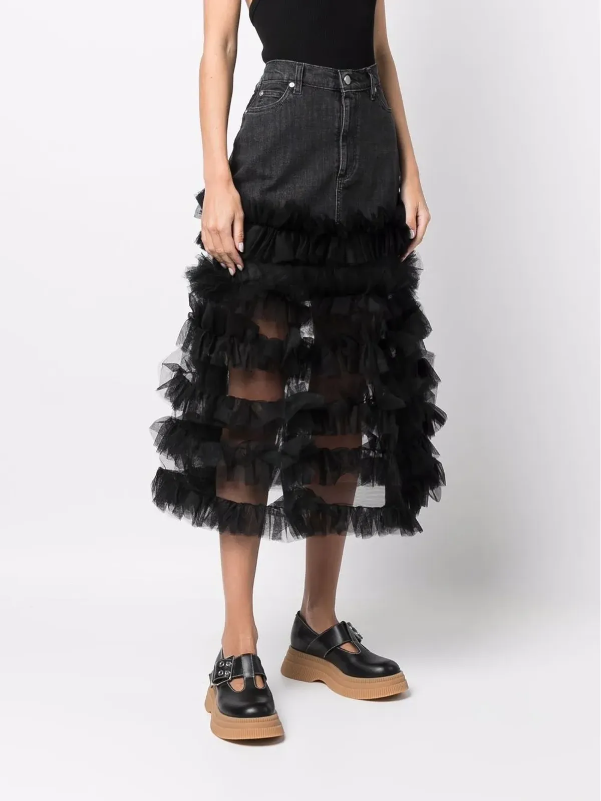 RED Valentino ruffle tulle-trim denim A-line skirt - Black - 画像4