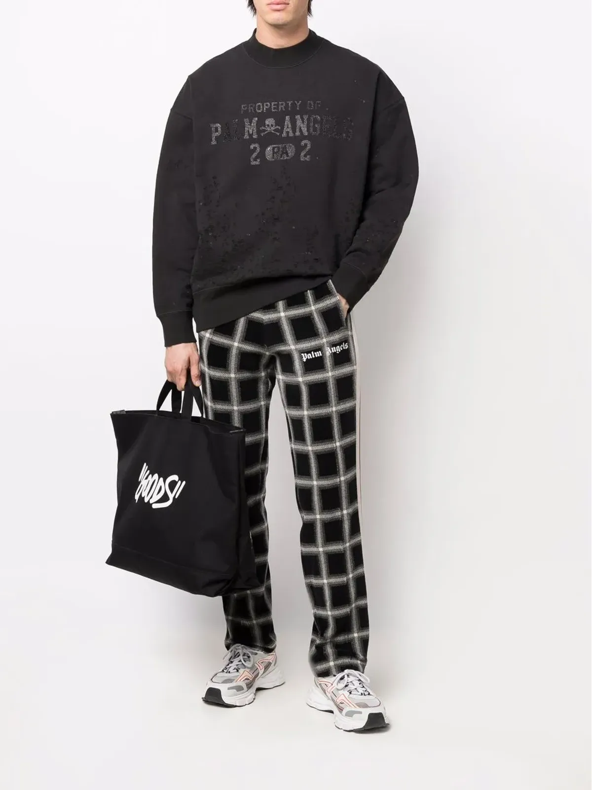 Palm Angels ロゴプリント ディストレス加工 スウェットシャツ ブラック - 画像2