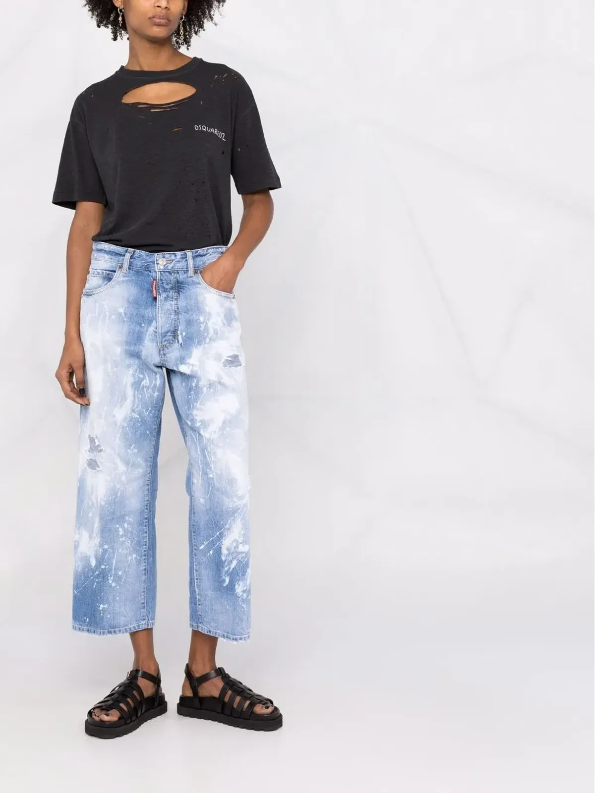 DSQUARED2 ダメージ加工ペイント飛散のワイドジーンズ（ブルー） - 画像2