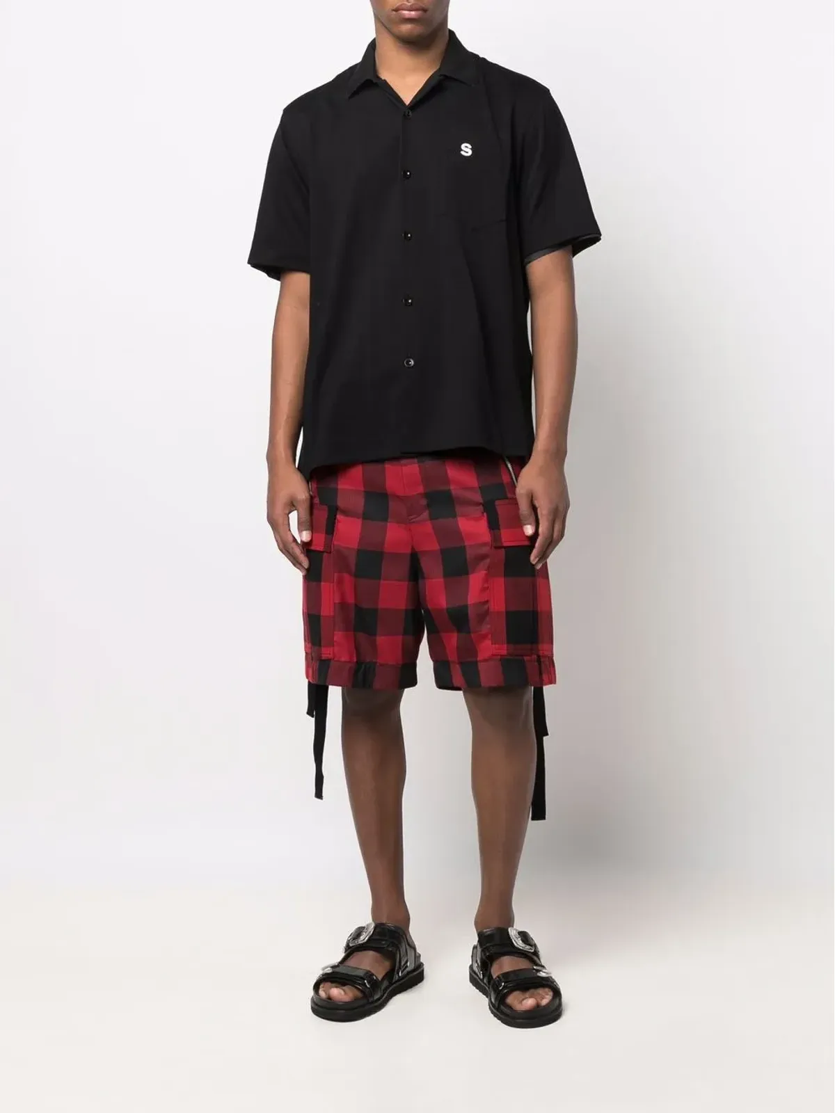 sacai チェック柄ベルト付きカーゴショーツ - 画像2