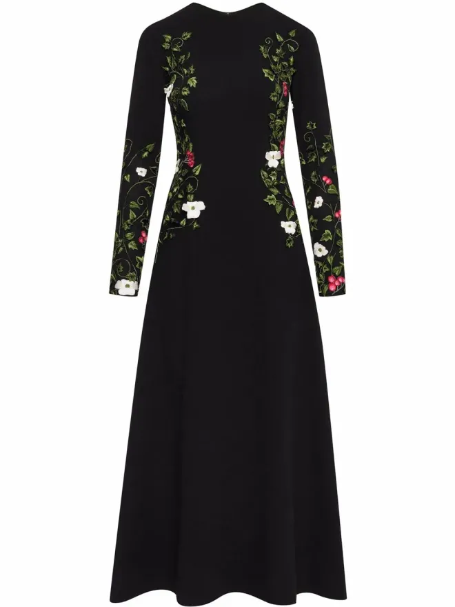 Oscar de la Renta Oscar de la Renta 花柄刺繍ミディドレス ブラックの商品画像