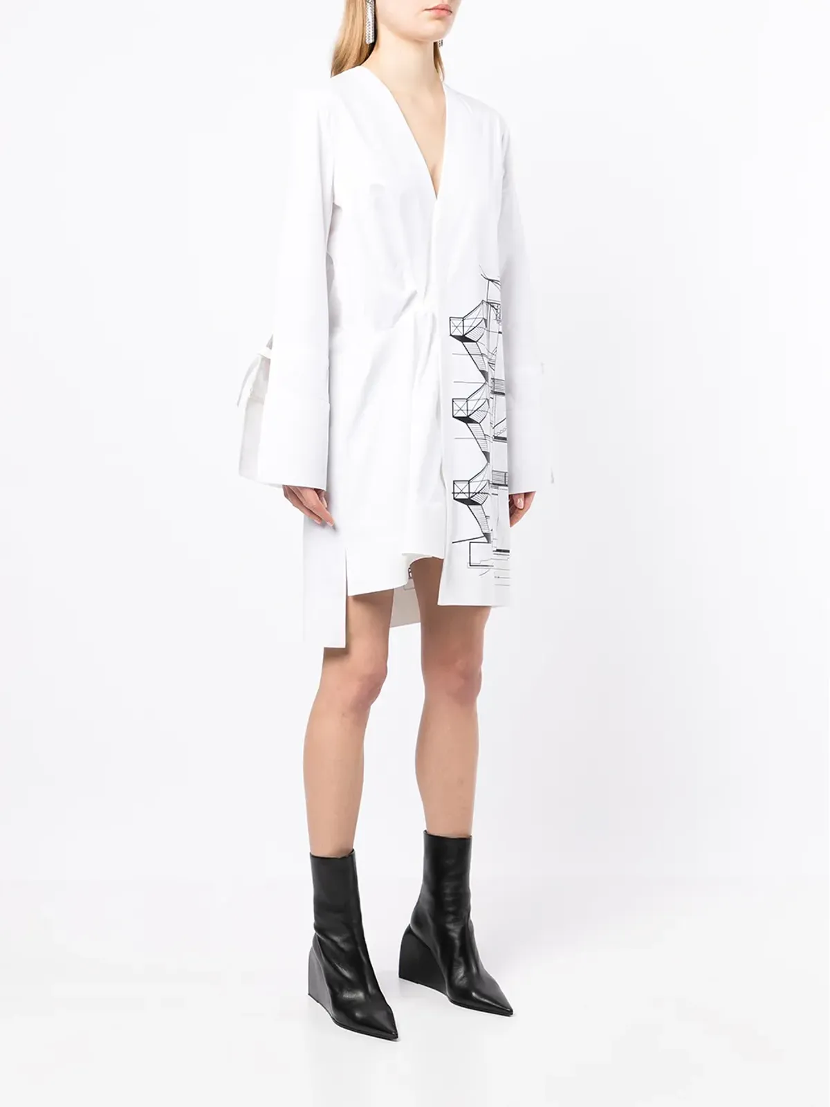 Off-White グラフィックプリントの袖を結んだミニドレス - 画像3