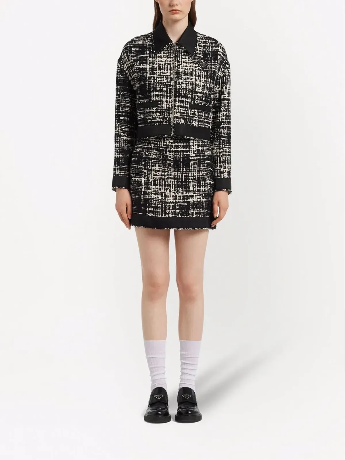 Prada Re-Nylon クロップドツイードジャケット - ブラック - 画像2