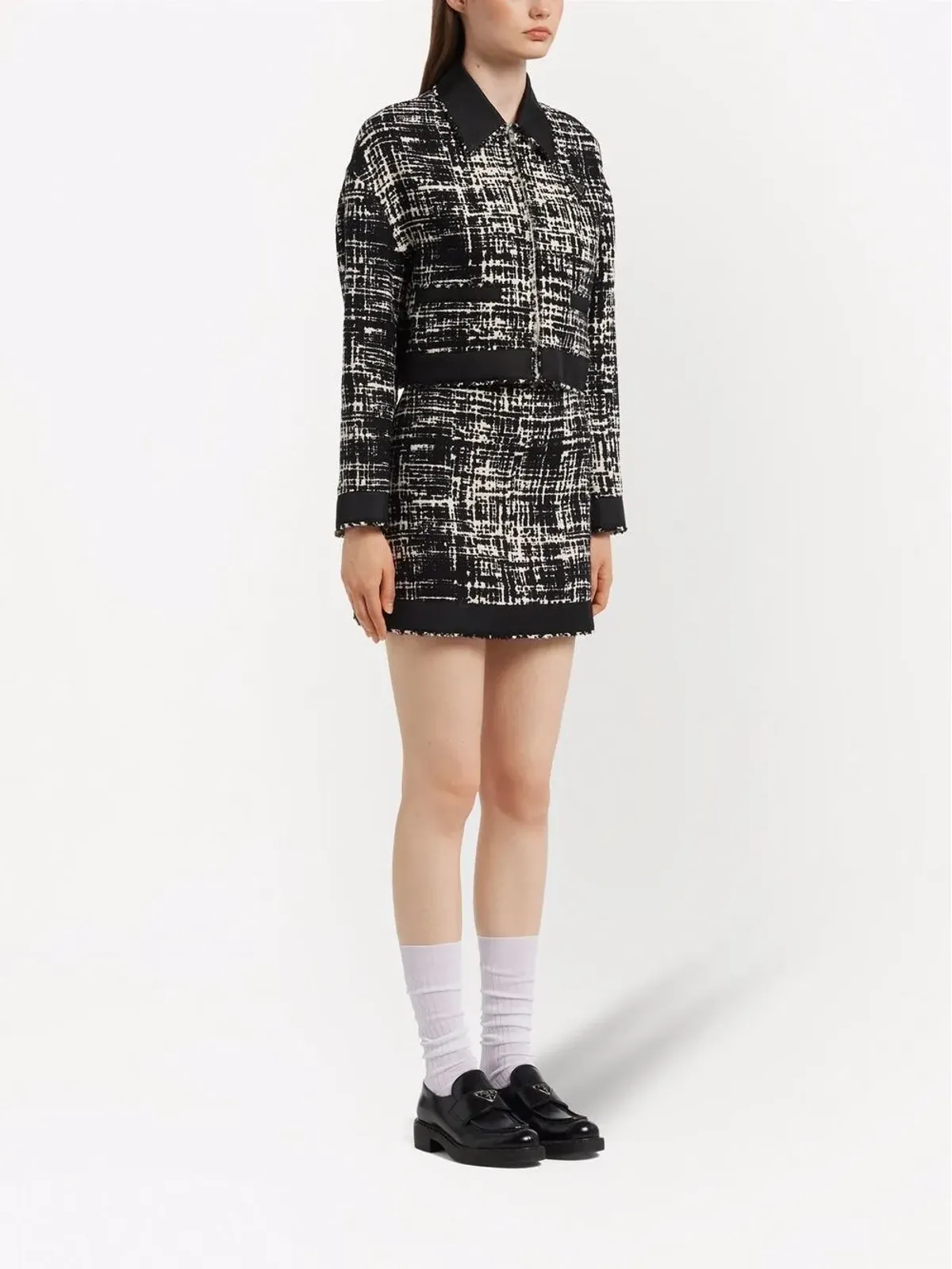 Prada Re-Nylon クロップドツイードジャケット - ブラック - 画像3