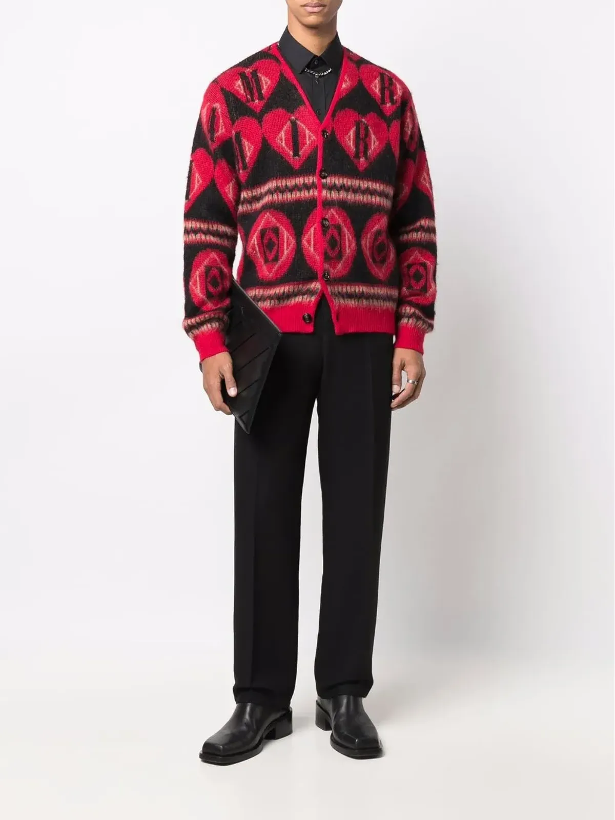 AMIRI ロゴ入りハートモチーフのインターシャニットカーディガン - レッド - 画像2