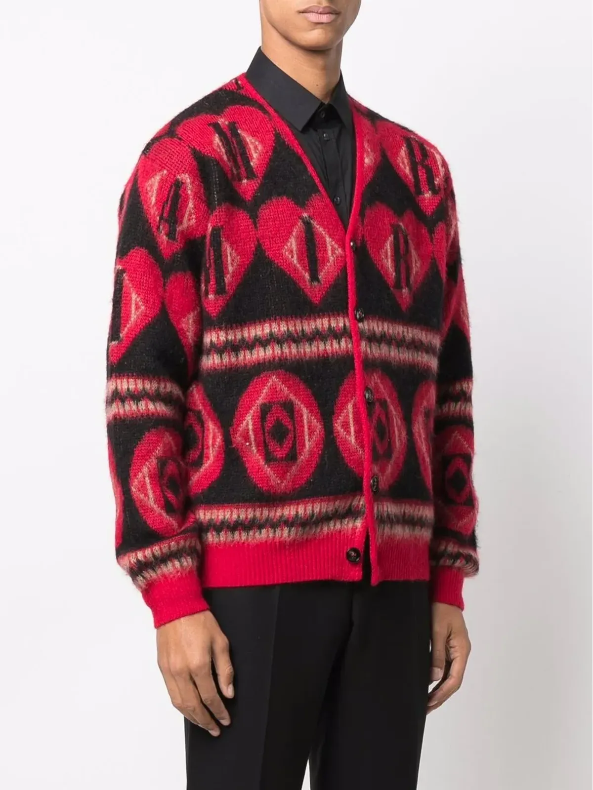 AMIRI ロゴ入りハートモチーフのインターシャニットカーディガン - レッド - 画像3