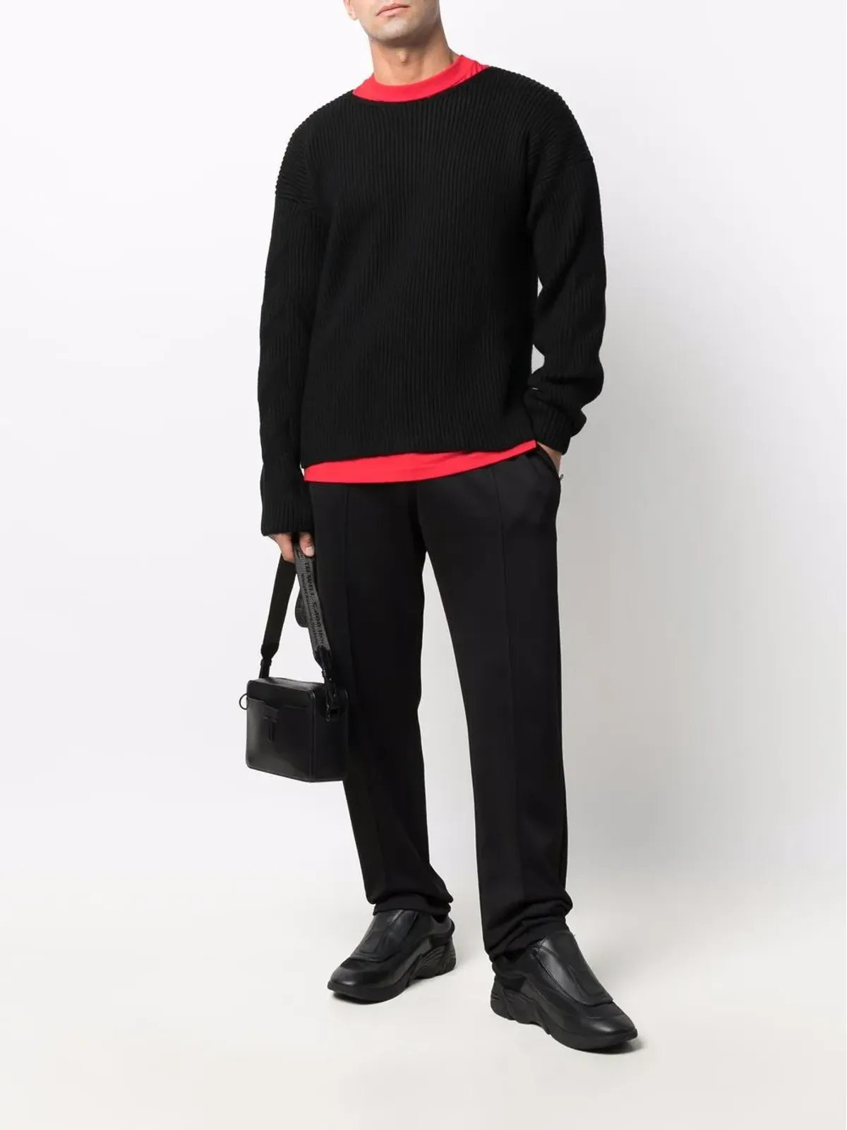 Off-White ダイアゴナルストライプ丸首ニット - ブラック - 画像2