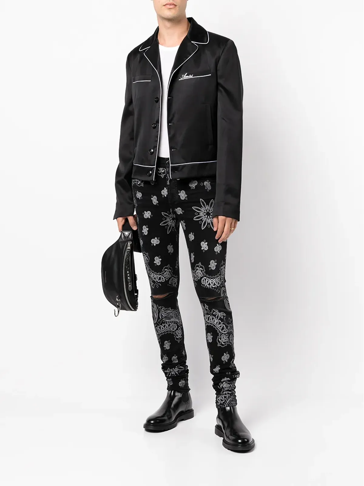 AMIRI フロックド バンダナ柄 スキニージーンズ ブラック - 画像2