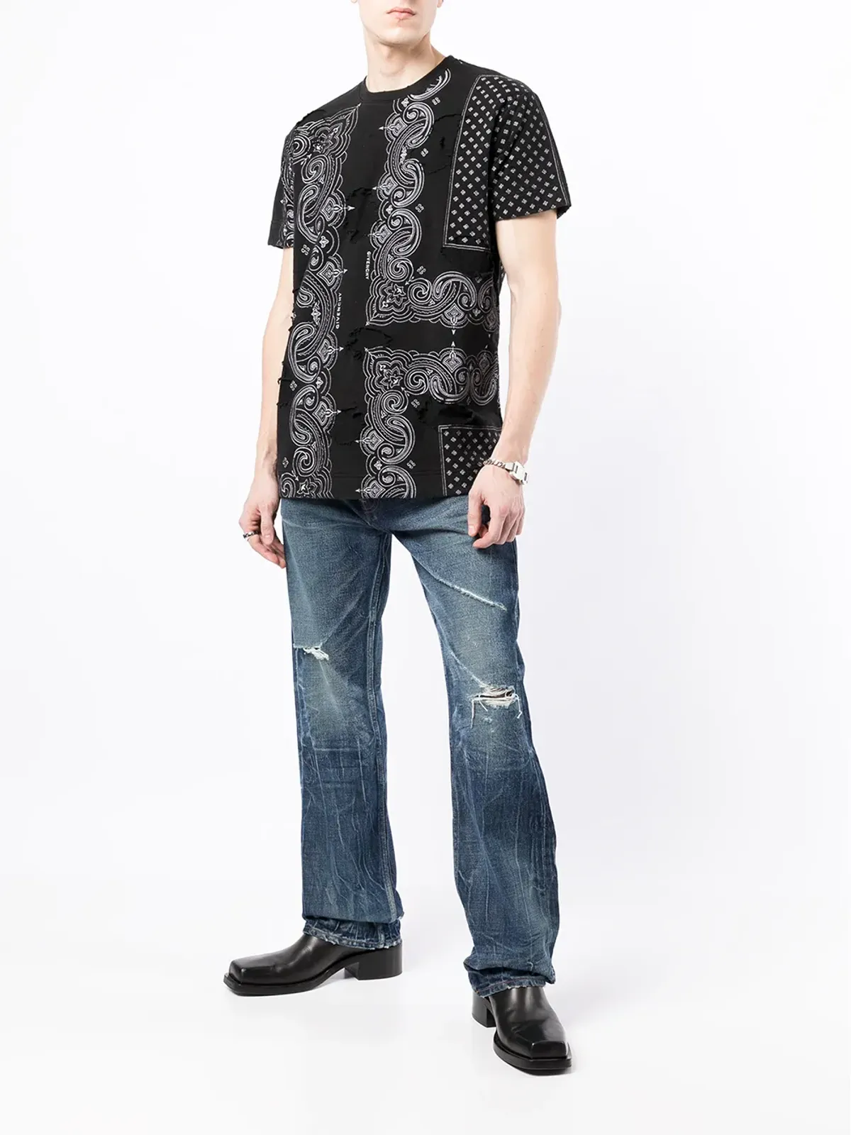 Givenchy ダメージ加工風 バンダナ柄 Tシャツ ブラック - 画像2