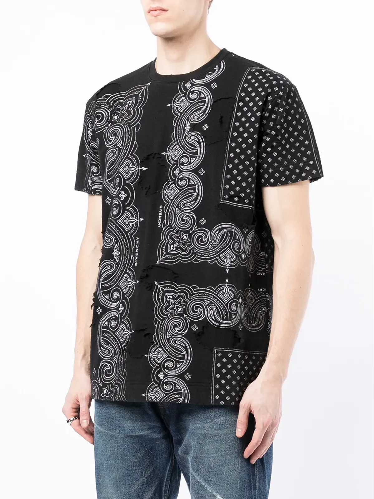 Givenchy ダメージ加工風 バンダナ柄 Tシャツ ブラック - 画像3