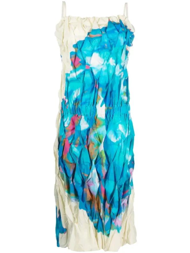 Issey Miyake Pre-Owned Issey Miyake Pre-Owned アブストラクトプリント ギャザー ミディドレスの商品画像