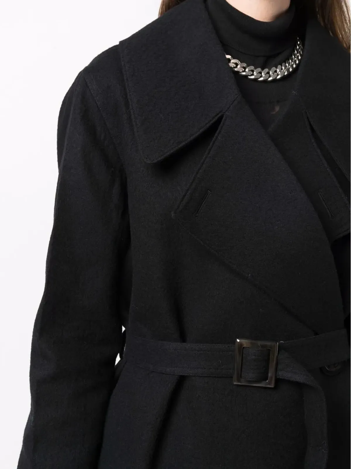 Rick Owens ベルト付きコットン ミディコート（ブラック） - 画像5