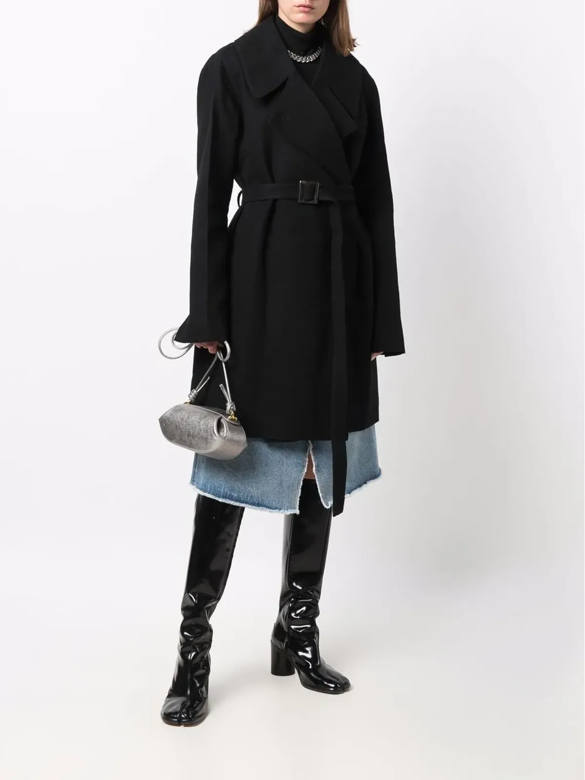 Rick Owens ベルト付きコットン ミディコート（ブラック） - 画像2