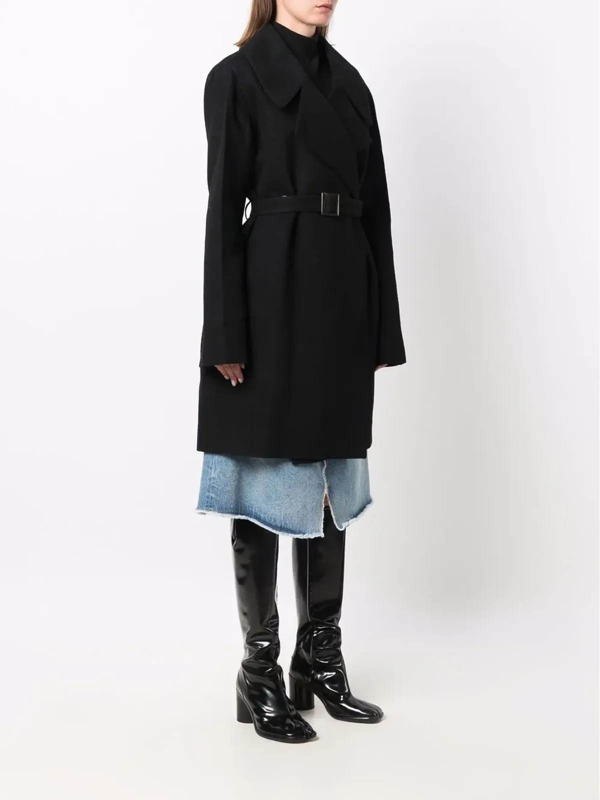 Rick Owens ベルト付きコットン ミディコート（ブラック） - 画像3