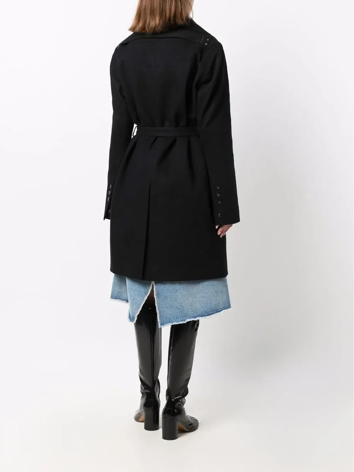 Rick Owens ベルト付きコットン ミディコート（ブラック） - 画像4