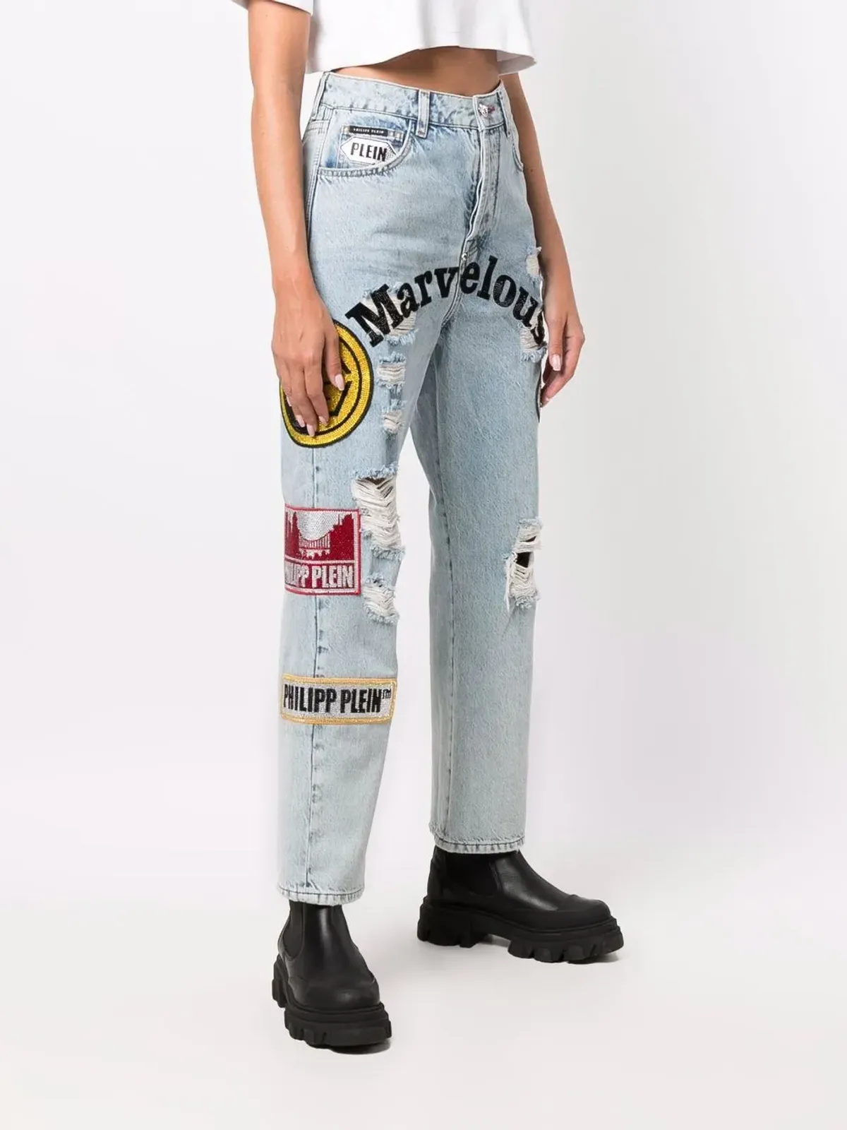 Philipp Plein パッチワーク ボーイフレンドジーンズ ブルー - 画像3