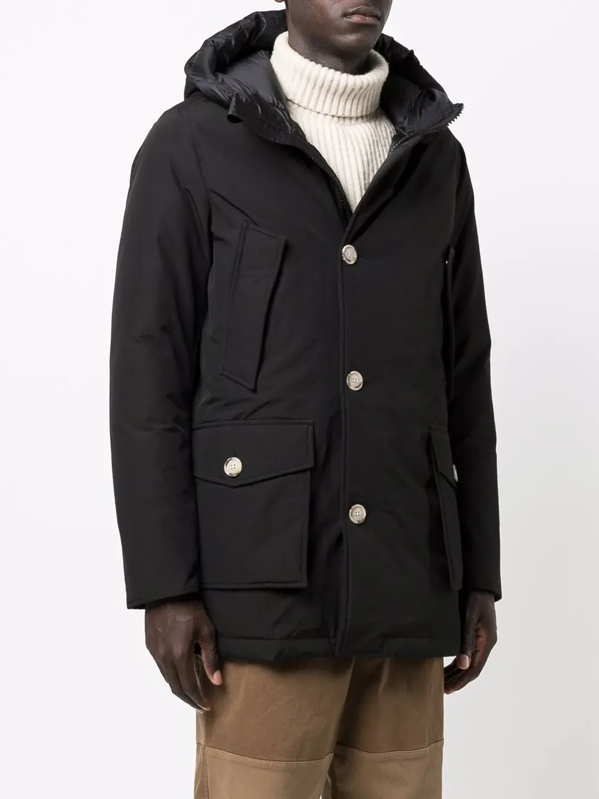 Woolrich ダウンフェザー フード付きコート ブラック - 画像3